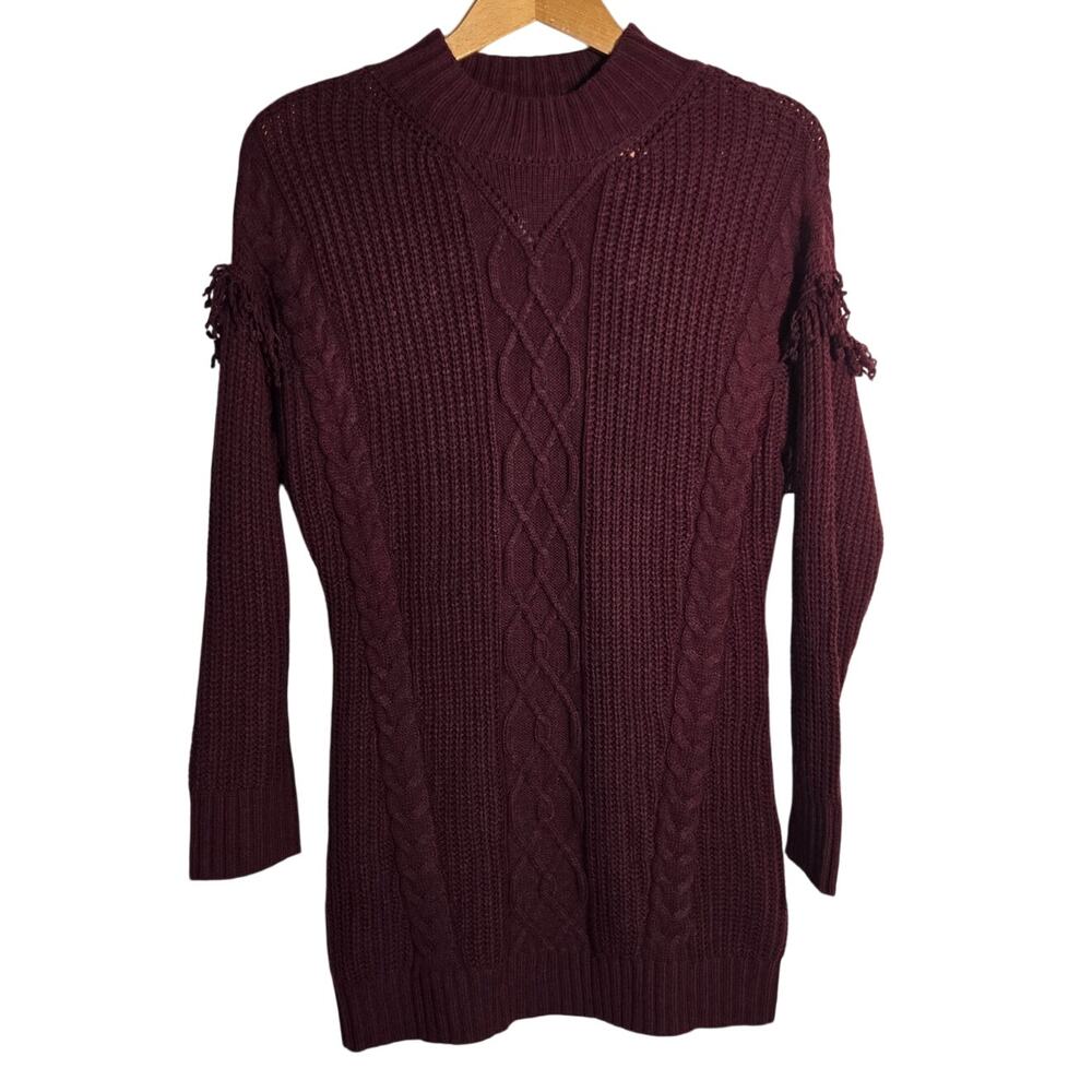 American Rag Medium‎ Keyhole Cable Knit Fringe Dress Burgundy Wine Winter Cozy